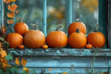 autumn background with pumpkins  on windowsill , card for design, wallpaper, invitations. cozy fall atmosphere.