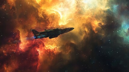 Wall Mural - Interstellar Journey: Spacecraft Exploring Vibrant Nebula Gas Clouds