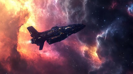 Wall Mural - Interstellar Journey: Spacecraft Voyaging Through Vibrant Nebula Gas Clouds