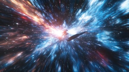 Wall Mural - interstellar voyage: spacecraft entering hyperspace with blinding light burst