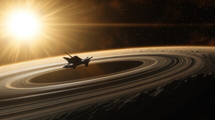 Wall Mural - Futuristic Spacecraft in Orbit Around a Gas Giant - Space Exploration and Discovery Concept