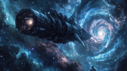 Wall Mural - Interstellar Voyage - Spacecraft Entering a Wormhole to Explore Another Galaxy