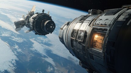 Wall Mural - futuristic spacecraft docking with rotating space station in orbit - space exploration and technolog
