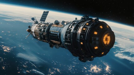 Wall Mural - futuristic spacecraft docking with rotating space station in orbit