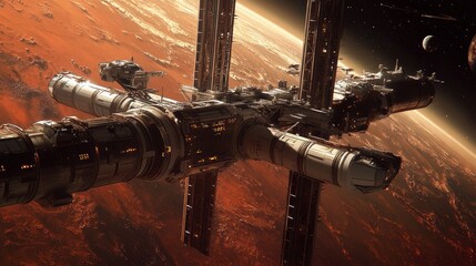 Wall Mural - futuristic space station orbiting a distant red dwarf star with multiple docking ports