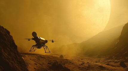 Wall Mural - futuristic exploration: spacecraft deploying drone to investigate alien planet surface