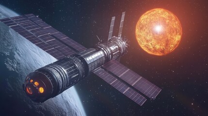 Wall Mural - Futuristic Space Station Orbiting Distant Binary Star System with Solar Panels