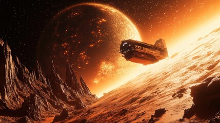 Wall Mural - exploring the alien terrain: spacecraft landing on a crimson martian landscape