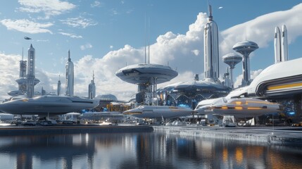 Wall Mural - Futuristic Spaceport with Multiple Spacecraft Docked and Refueling in Outer Space