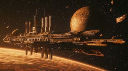 Wall Mural - Futuristic Space Station Orbiting Distant Planet with Multiple Docking Ports - Science Fiction Illustration