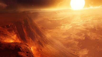 Wall Mural - exploration of the red planet: spacecraft descending onto rocky martian terrain with dramatic canyon