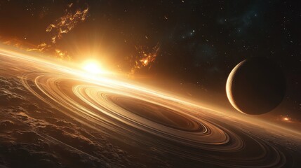 Wall Mural - Expedition to an Exoplanet: Spacecraft Entering Orbit around a Ringed World with Moons