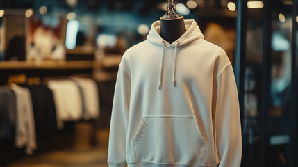 mock up of plain white hoodie in shop displayed on mannequin, mannequin standing in front of clothes rack