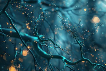 Wall Mural - Close-up of an illuminated neural network in dark blue and teal tone