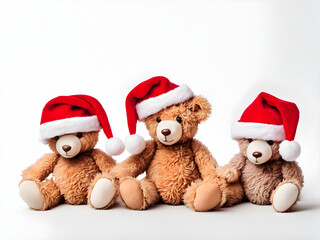 Three toy teddy bear wearing a santa hat isolated on white background