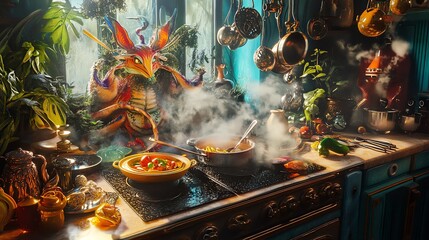 A whimsical kitchen scene with vibrant colors, a delightful creature preparing a hearty meal amidst steaming pots and fresh ingredients.