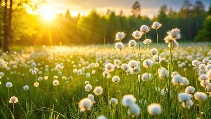 Grassy meadow with blooming eriophorum in the summer sunlight, sunny day., natural, bright, scenic, sunny, growth, beauty, field, summer, botany, plant, meadow, serene, countryside