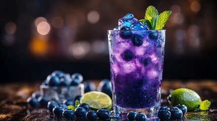 Blueberry Cocktail with Lime and Mint Garnish