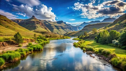 Serene landscape of the Makhaleng River flowing gently through the Lesotho mountains, surrounded by lush greenery and vast open skies on a sunny day.