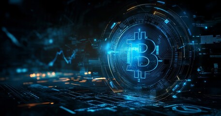Aufkleber - Glowy hologram hud for Bitcoin with graph indicators and digital statistics