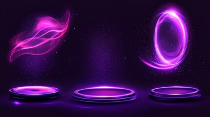 Poster - 3D magic technology neon glow hud platform element modern set with sound waves, plexus lines, stardust, and arch sparkle.