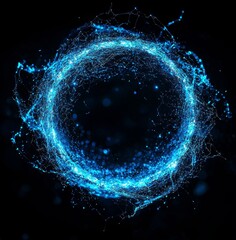 Fototapete - A 3D illuminated, distorted sphere of glowing particles and wireframe. An illustration of a technology digital splash.