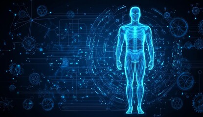 Leinwandbilder - A futuristic, blue-toned holographic interface for body scanning and health analysis