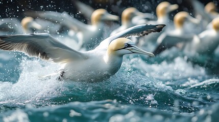 A gannet takes off from the water with wings outstretched, surrounded by other gannets.