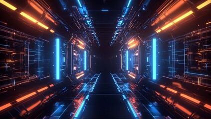 Fototapete - Futuristic futuristic user interface elements, hud control panel. Blue glowing sci fi background. 3D artwork.