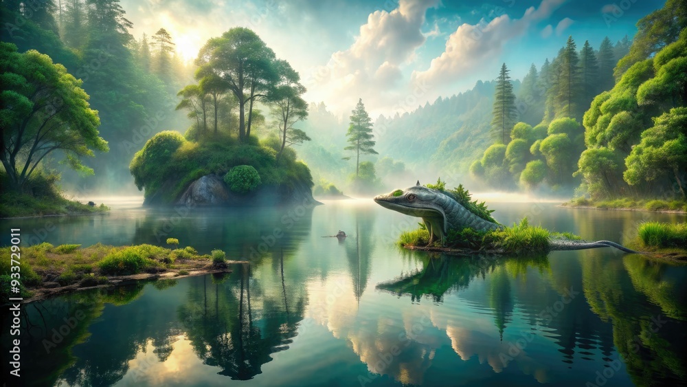 Serene misty lake surrounded by lush green trees with a mysterious ...