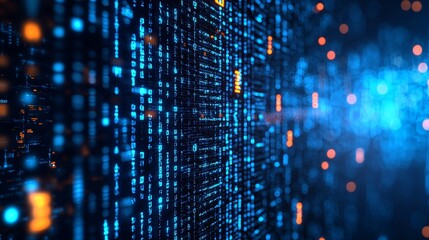 Aufkleber - A blue data matrix simulation with futuristic HUD screen and a black abstract background