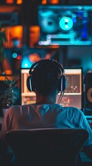 A young man in headphones sits in a tech-filled room with neon lights, multiple monitors, and a plant, creating a vibrant gaming or work space.