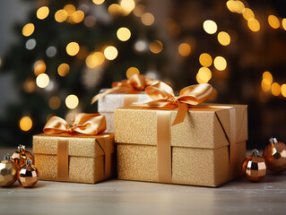 Wall Mural - Wrapped christmas gifts on wooden wall