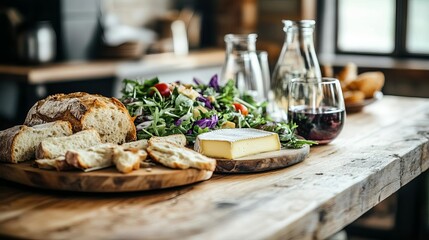 Wall Mural - Wooden table with a farm-to-table lunch of fresh bread, cheese, and salad, organic lunch, natural food pairing