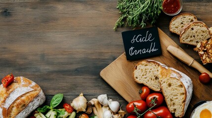 Wall Mural - Wooden table with a farm-to-table lunch of fresh bread, cheese, and salad, organic lunch, natural food pairing