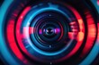 © KumCup - A close-up of a camera lens with vibrant red and blue lights in a neon color scheme. The atmosphere is futuristic and dynamic.