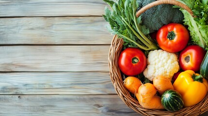 Wall Mural - Rustic wooden table with freshly picked organic vegetables in a basket, farm-to-table produce, natural harvest