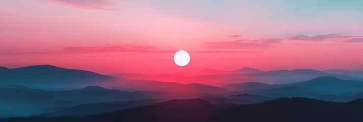 A breathtaking sunset behind a silhouetted mountain panorama reveals the beauty of the sunrise over the mountains