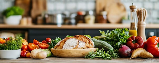 Wall Mural - Rustic kitchen with a farm-to-table lunch spread of fresh vegetables and bread, organic lunch, natural food pairing