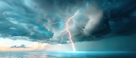 Dramatic lightning bolt striking the ocean under dark storm clouds, capturing the power and beauty of nature's elements.