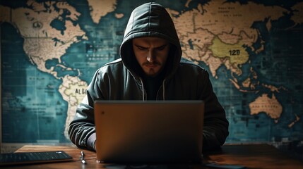 Hooded Hacker Working On Laptop With World Map In Background