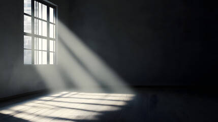 Wall Mural - Empty Dark Room with Sun Rays through Window Generated by AI