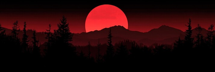 Wall Mural - A red dawn with silhouettes of mountains in the distance