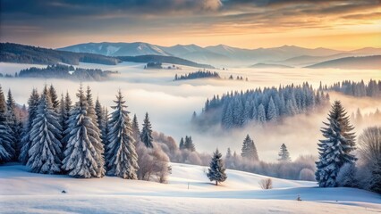 Serene winter landscape featuring snow-covered evergreen trees, rolling hills, and a misty fog creating a peaceful, idyllic atmosphere with a soft, monochromatic color palette.