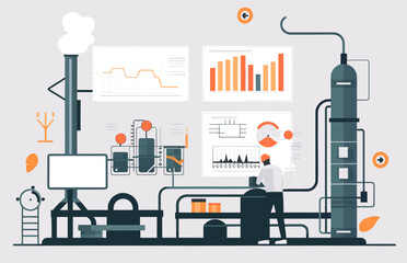 Person working in an industrial plant with charts in modern technological factory. Flat design illustration