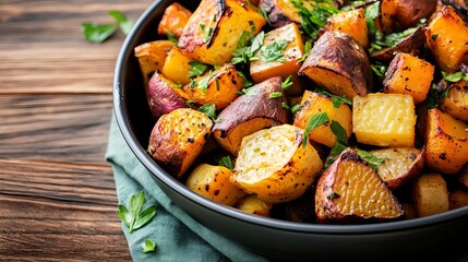 Wall Mural - Close-up of farm-to-table roasted root vegetables with herbs, organic dish, natural seasonal warmth