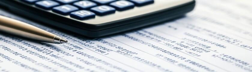 Close-up of a pen and calculator on financial documents with data and numbers.