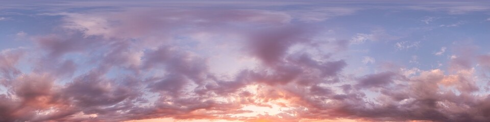 Wall Mural - 360 panorama of glowing sunset sky with bright pink Cumulus clouds. HDR 360 seamless spherical panorama. Full zenith or sky dome sky replacement for aerial drone panoramas. Climate and weather change.