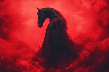 A powerful black unicorn stands majestically on a rocky outcrop against a red misty background, perfect for dark fantasy and mythical themes.