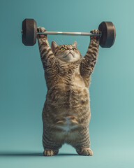 A determined tabby cat humorously lifting a barbell against a teal background, embodying strength and perseverance in a playful and whimsical manner